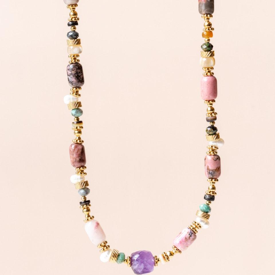 MUJA JUMA Halskette Rhodonit& Amethyst, in Gold